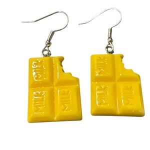 Yellow Bitten Milk Chocolate Bar Dangle Earrings Kitschy Foodie Novelty Jewelry